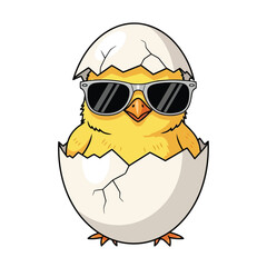 Vector art of adorable cartoon chick wearing sunglasses, emerging from a cracked egg