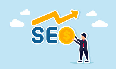 businessman carrying dollar coin to form letter O in word SEO with upward arrow illustration of SEO effectiveness boosting business profit