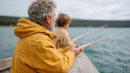 Fototapeta premium Man and child fishing at pier.