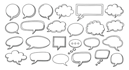 Fototapeta premium A collection of various speech bubbles and thought bubbles with a sketched line art style.