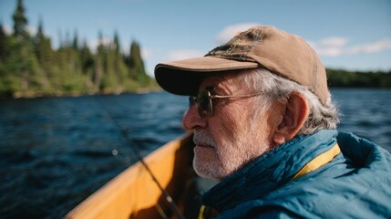 Older man fishing in a boat on a river.