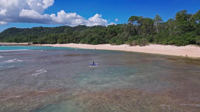 Aerial view of lonely surfer at tropical island coastline, Plengkung Beach,Alas Purwo National Park, East Java, Indonesia