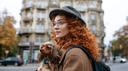 A young woman holding a dog while standing outdoors.