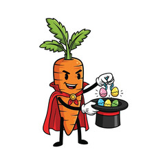 Vector art of a cartoon carrot dressed as a magician, performing a magic trick with colorful easter eggs and a top hat