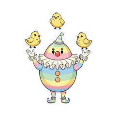 Vector art of cute cartoon clown juggling yellow chicks