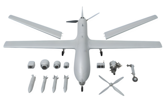 Exploded CAIG Wing Loong II Drone Components – 3D Render, Transparent PNG