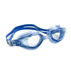 Swimming goggles on white background with blue protective eyewear for swimming and diving