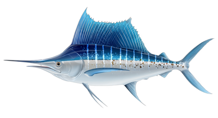 A vividly colored marlin fish with a prominent sail-like fin swimming in the water, showcasing its beautiful blue hues.