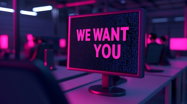 A vibrant digital workspace featuring a monitor displaying the message "WE WANT YOU" in bold letters against a pixelated background. - Powered by Adobe
