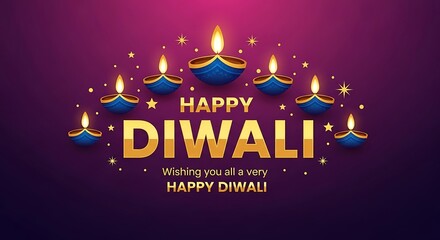 Festive diwali celebration with glowing diya lamps and golden text wishing happiness on a purple background for the hindu festival of lights celebration