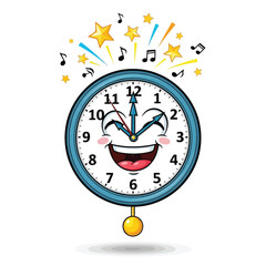 Vector art of happy cartoon clock face with music notes and stars