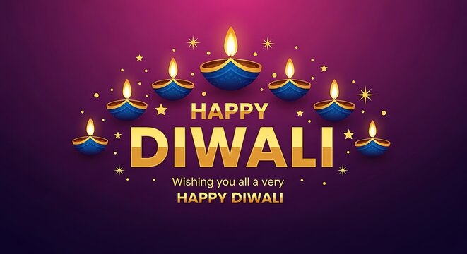 Festive diwali celebration with glowing diya lamps and golden text wishing happiness on a purple background for the hindu festival of lights celebration