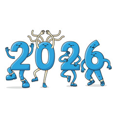 Vector art of blue cartoon numbers 2026 dancing happily