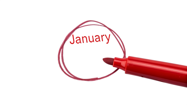 Red marker circling the word january on a transparent background, isolated on transparent background