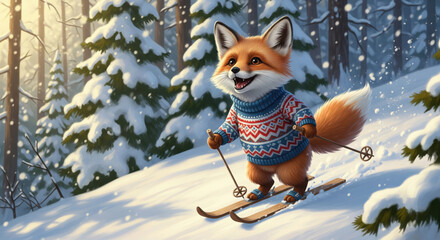 Cheerful fox wearing colorful sweater skiing down snowy hill in winter forest, surrounded by pine trees and soft sunlight, joyful and playful atmosphere