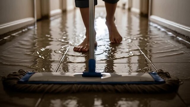 Persons Bare Feet Mopping a Flooded Tiled Hallway in a Home