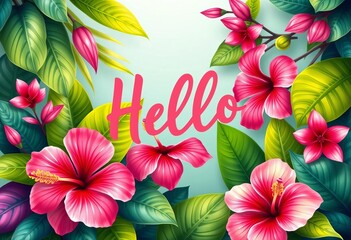 Vibrant tropical leaves & hibiscus flowers form a summery hello greeting card design,  lush,  illustration