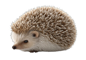 Obraz premium A close-up of a cute hedgehog with spiky brown and white fur, isolated on a white background.