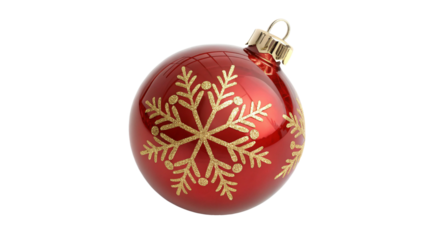 A single red christmas ornament with a gold snowflake pattern, isolated on a transparent background