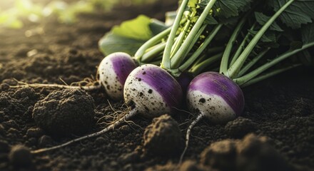 Freshly Harvested Purple and White Radishes with Green Tops Lying on Rich Soil in a Sunny Garden Close-up