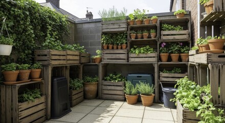Vibrant urban rooftop garden with diverse plants, herbs, and flowers in stacked wooden crates and terracotta pots, creating a sustainable and compact outdoor oasis.
