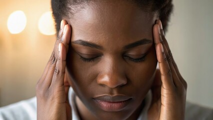 Fototapeta premium A woman appears to be experiencing stress or a headache, gently holding her head as she reflects in a serene environment.