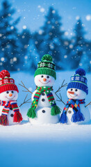 Three cheerful snowmen with colorful hats and scarves stand together in snowy winter landscape, surrounded by falling snowflakes and pine trees, creating joyful holiday scene