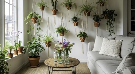 Bright and Green Living Room Interior with Lush Potted Plants, Hanging Macrame Planters, Natural Light, a Cozy Sofa, Wooden Coffee Table, and Fresh Flowers, Creating a Serene Botanical Home Oasis