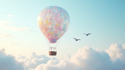 Fototapeta premium A transparent hot air balloon formed from floating soap bubbles — playful surreal concept of lightness and dreams. 