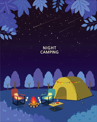 A cozy night camping under a starry sky, roasting marshmallows by the warm campfire.