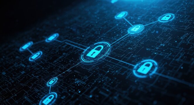 Digital Security Network: Glowing Padlocks and Circuitry.