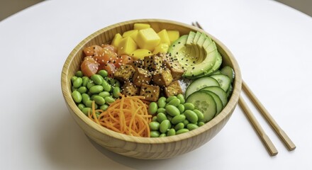 Vibrant and Healthy Salmon and Tofu Poke Bowl with Fresh Avocado, Edamame, Mango, Cucumber, and Carrots, Served in a Wooden Bowl on a Bright White Background with Chopsticks