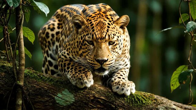 Leopard Preparing to Pounce on Mossy Branch in Jungle