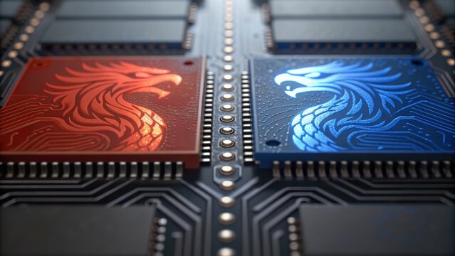 Futuristic circuit board featuring red and blue dragon designs, symbolizing technology and competition. - Powered by Adobe