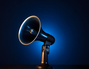 Hologram of a megaphone on a dark blue background. A blue megaphone on a blue background.
