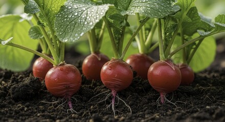 Fresh Red Radishes Growing in Garden Soil with Dewy Green Leaves, Close-Up of a Healthy Spring Harvest