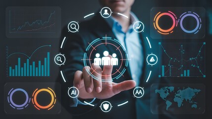 Digital business analytics dashboard concept showing businessman using virtual interface for data analysis, management, and performance optimization