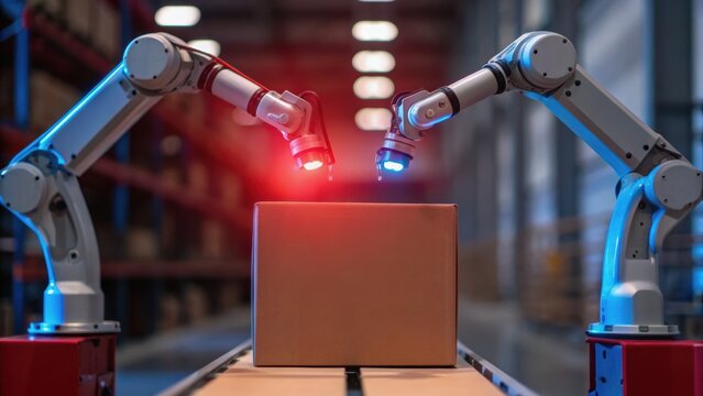 Robotic arms handling a box in a warehouse environment, showcasing automation and technology in logistics.