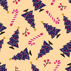 Christmas New Year tree candy cane seamless pattern background for packaging and decoration