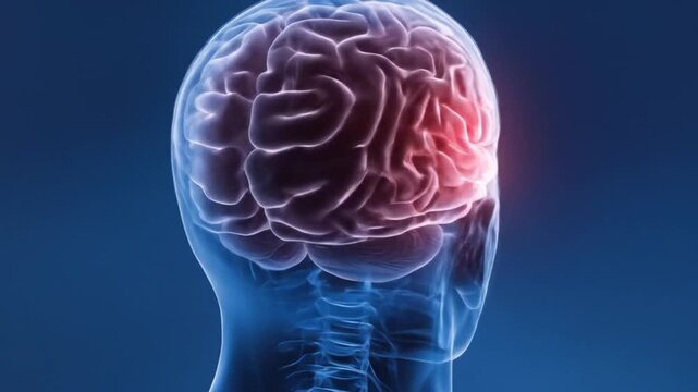 3D render of a human head with transparent skull and glowing brain. Red highlight indicates pain, problem, activity, or neurological issue.