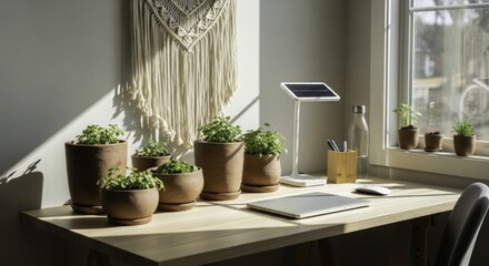 Bright and Eco-Friendly Home Office Workspace with Potted Herbs, Natural Light, and Macrame Wall Decor for Remote Work