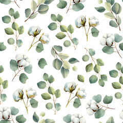 Seamless texture of cotton flower buds, branches, hand drawn watercolor background with cotton balls, vintage botanical illustration