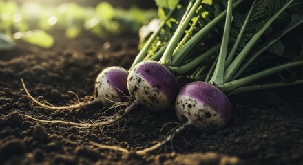 Freshly Harvested Purple-Top Turnips and Radishes Lying on Rich Garden Soil with Vibrant Green Leaves in Golden Sunlight, Showcasing Organic Farm Produce and a Bountiful Harvest