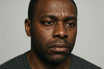 Fototapeta premium Portrait of a contemplative man with a single tear, showing emotional sadness and vulnerability against a neutral background