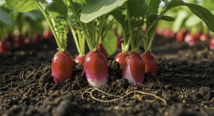 Close-up of Fresh Red Radishes Growing in Dark Soil with Green Leaves and Water Droplets in a Sunny Garden