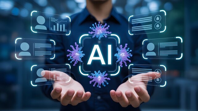Artificial intelligence and healthcare concept showing AI network analyzing virus data, innovation in medical technology, and digital health research