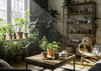 Sunlit living room with abundant houseplants, cozy wooden furniture, and natural decor, creating a vibrant and tranquil biophilic home interior bathed in warm natural light.