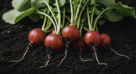 Freshly harvested vibrant red radishes with green leaves and earthy roots nestled in dark, rich garden soil, captured in a close-up shot.