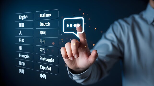 Language translation and communication technology concept showing person selecting multilingual digital interface for online global communication