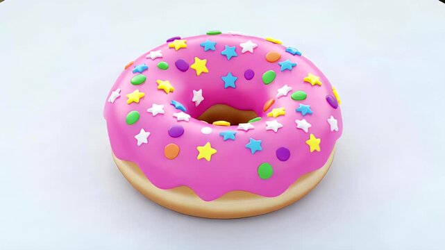 Colorful donut with pink icing and sprinkles on a plain background